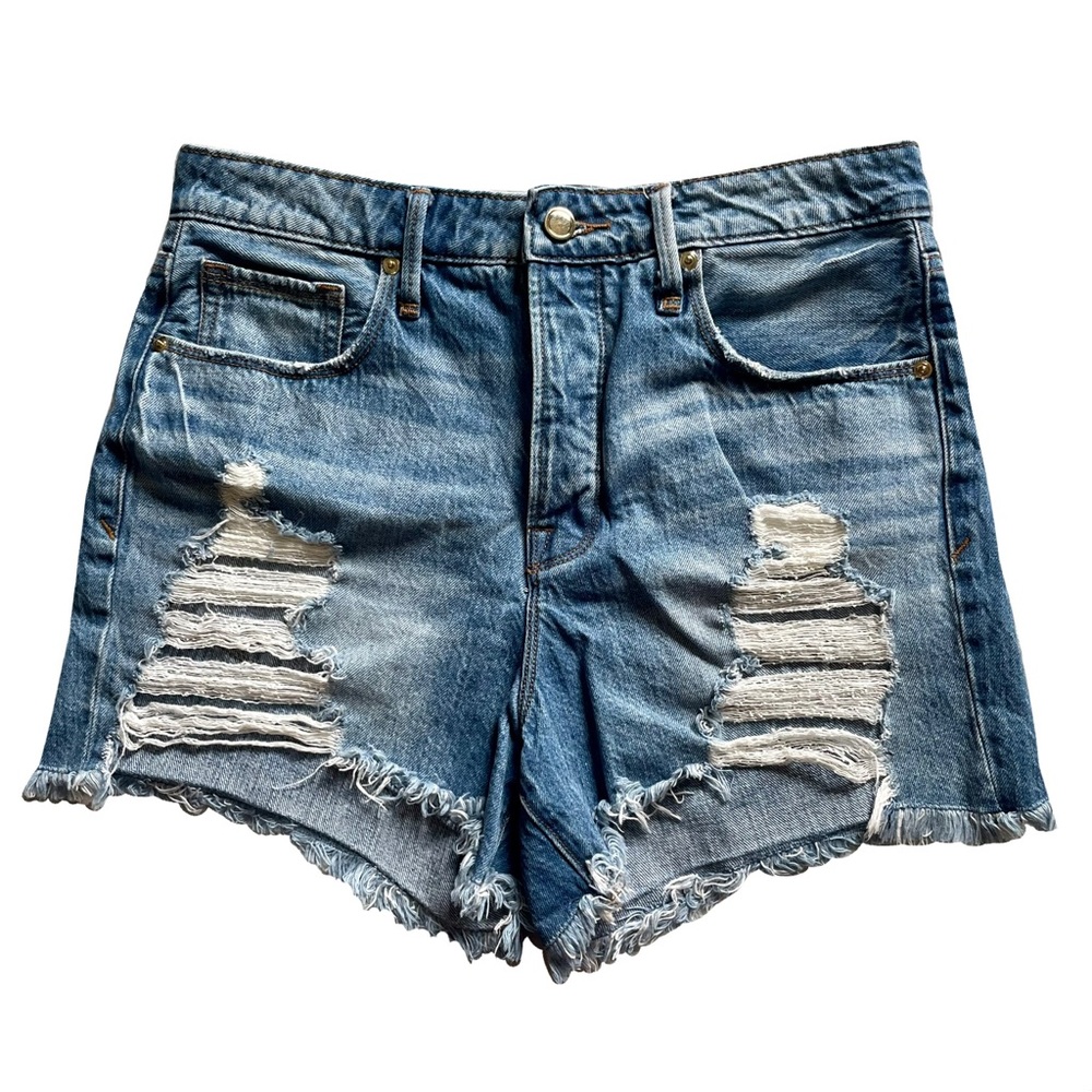 Good American Ultra High Rise Destroyed Distressed Denim Mini Booty Shorts 28
